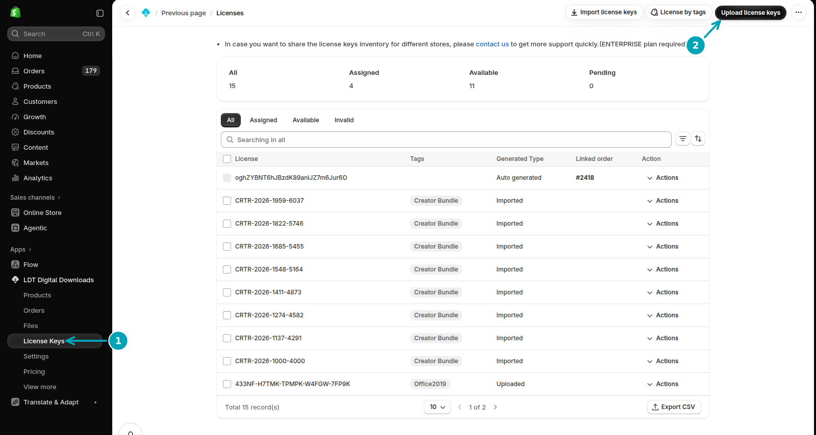 License Keys in the sidebar with the All, Assigned and Available counters and the Upload license keys button