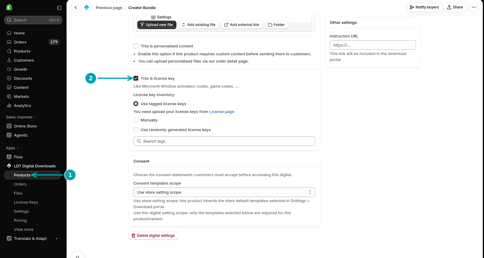 Selling digital content tab with the This is license key option to tick and the License key inventory options