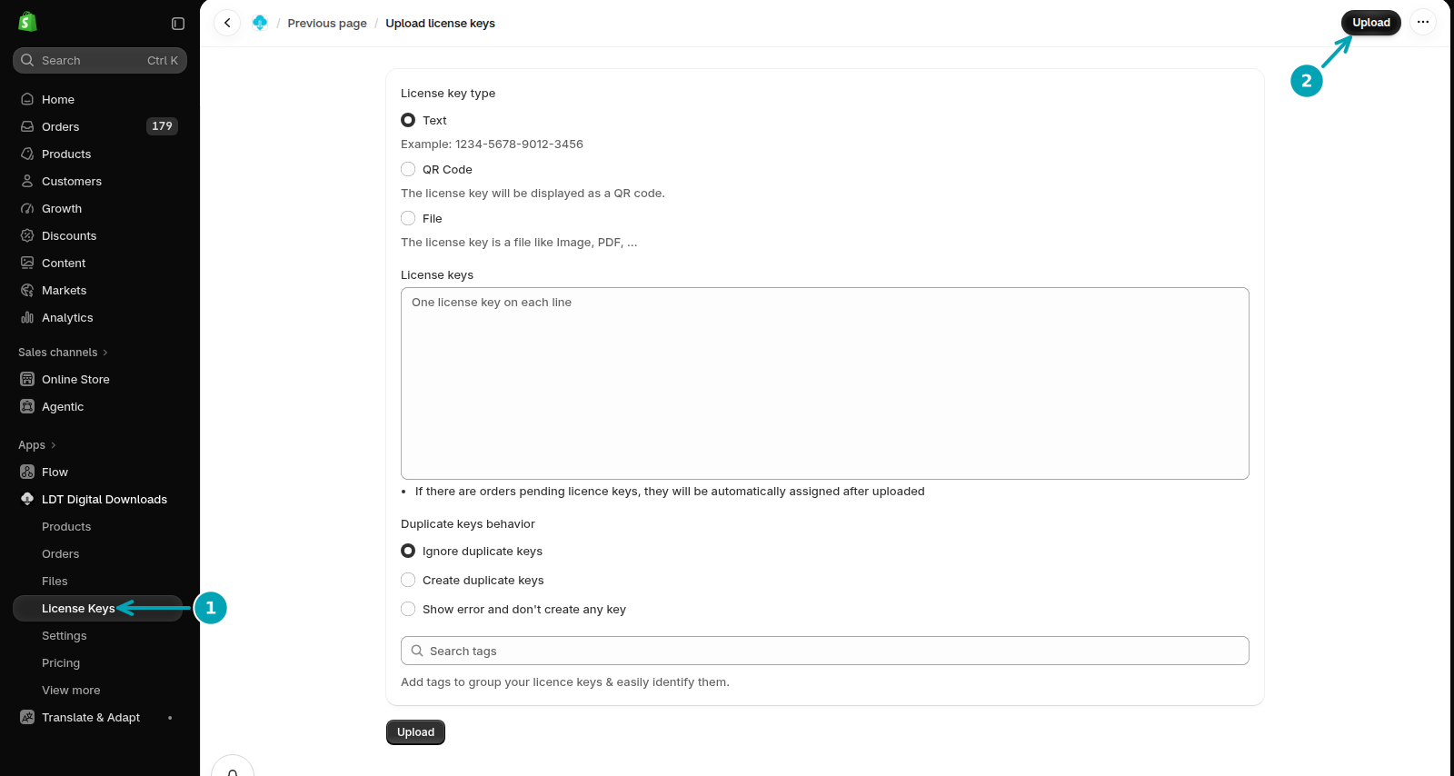Upload license keys screen with License key type, the keys field, the duplicate behaviour options and the Upload button in the app bar