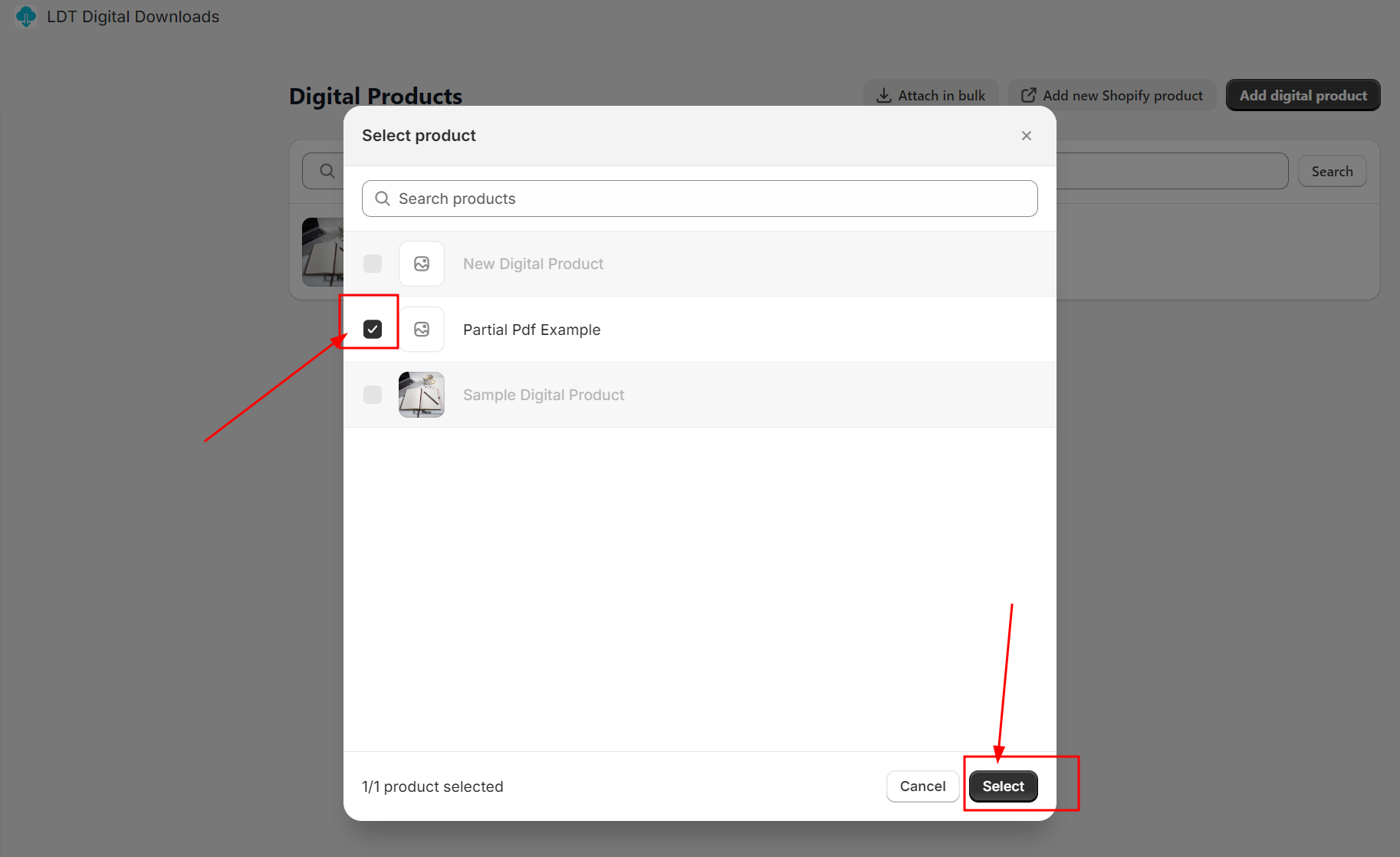 Select product dialog with a Shopify product ticked and the Select button